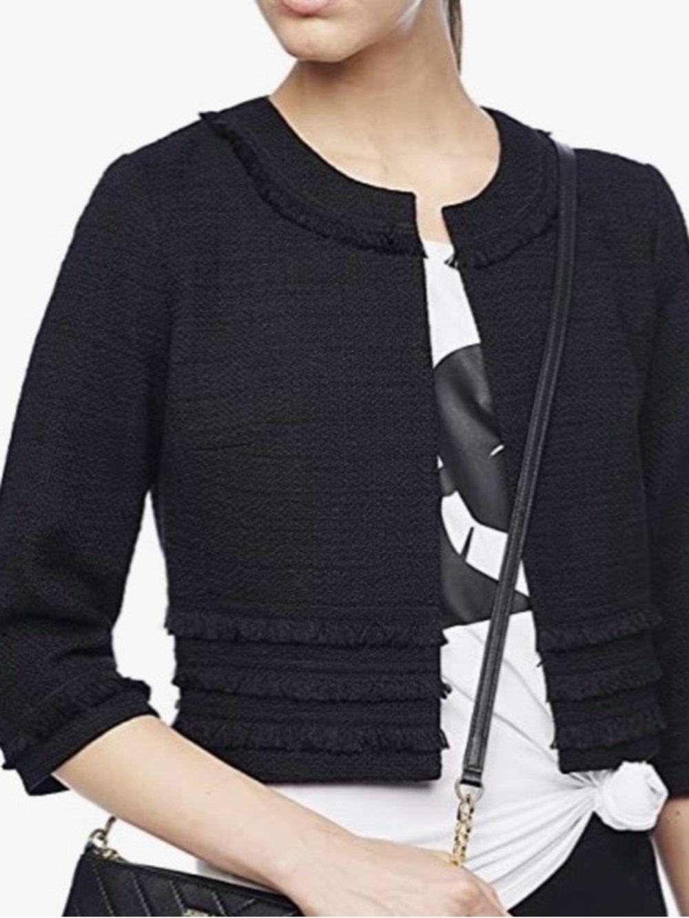 Karl Lagerfeld Paris tweed cropped blazer with double fringed hem and cuffs